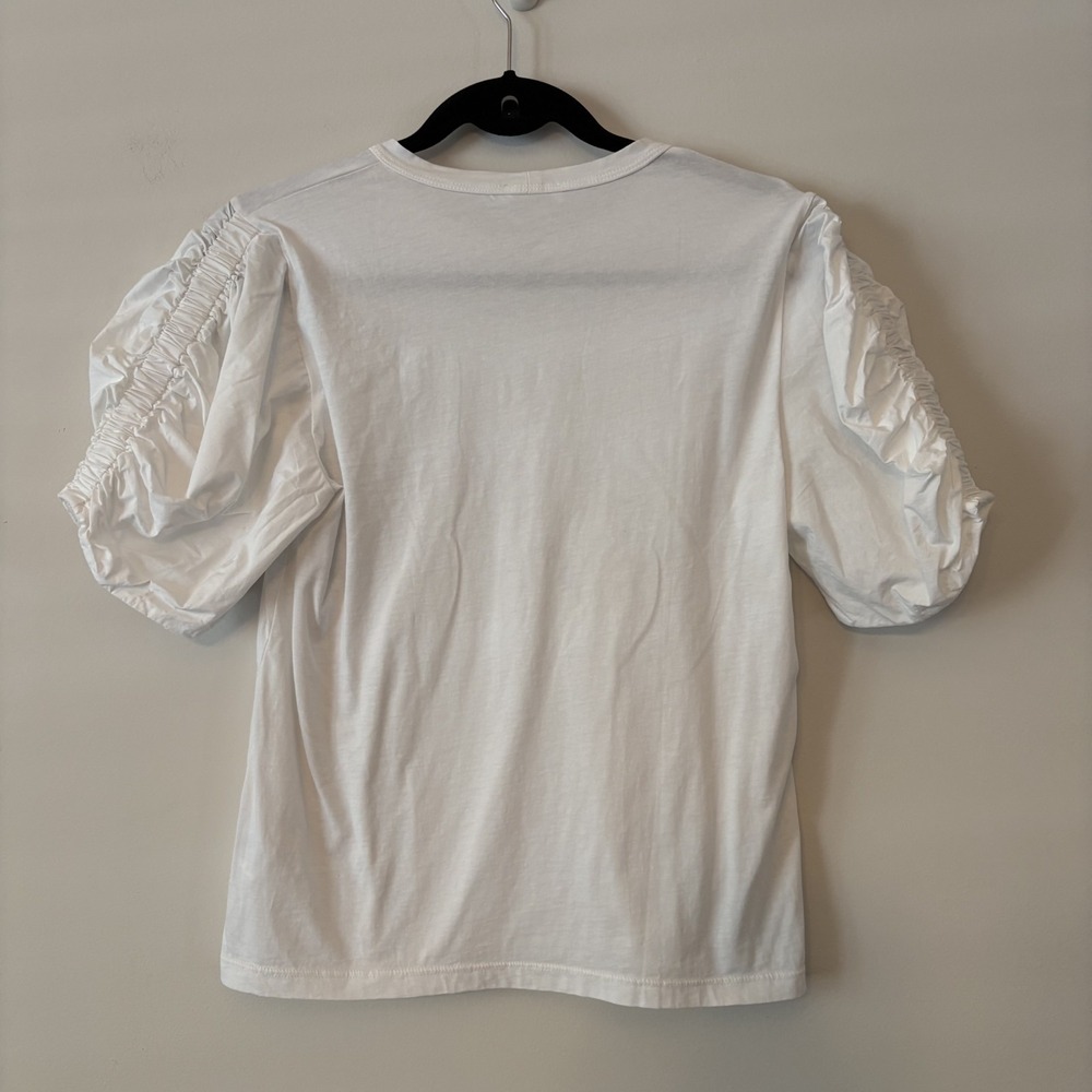 ALC 100% Cotton Ruched Puff Sleeve Top White M Minimalist Chic Career Staple USA - Picture 2 of 8